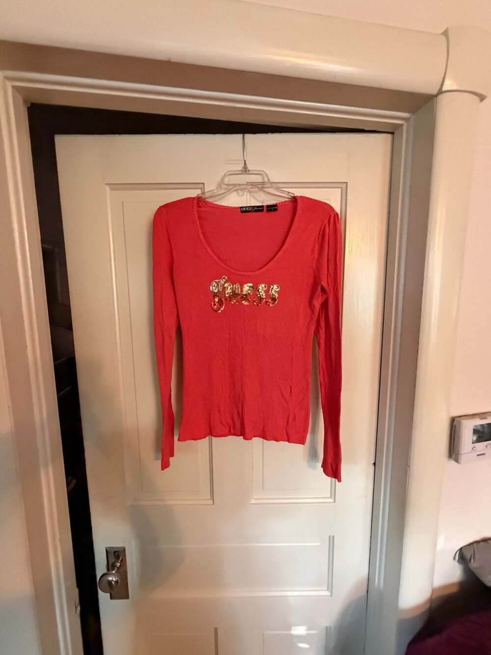 Guess Vintage Y2K Long Sleeve Scoop Neck Ribbed Knit Top with Gold Sequin Logo